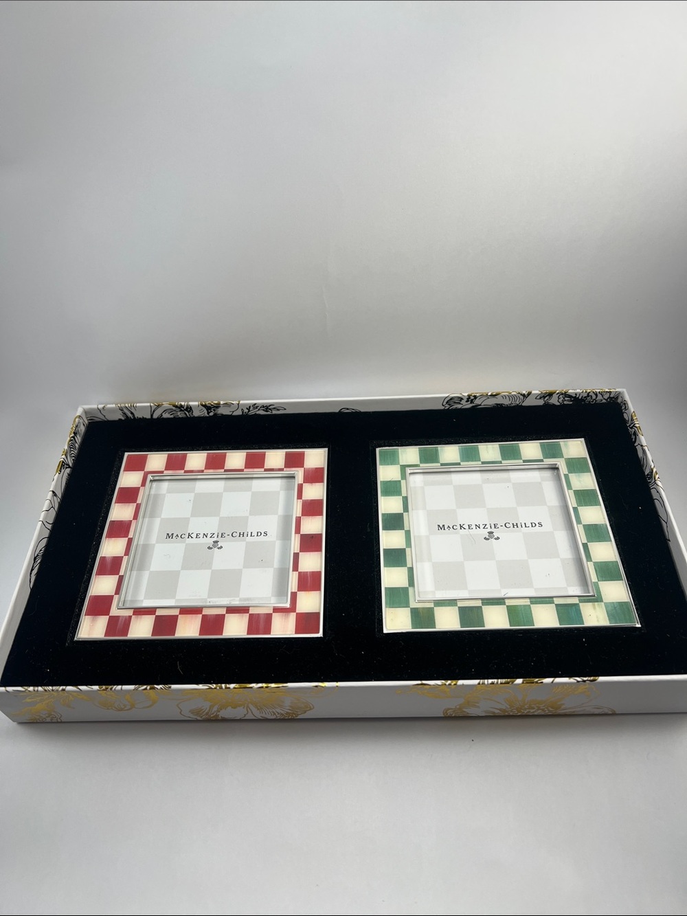 MacKenzie-Childs Gold and White Floral Box - Silver Plated Frames Set of 2